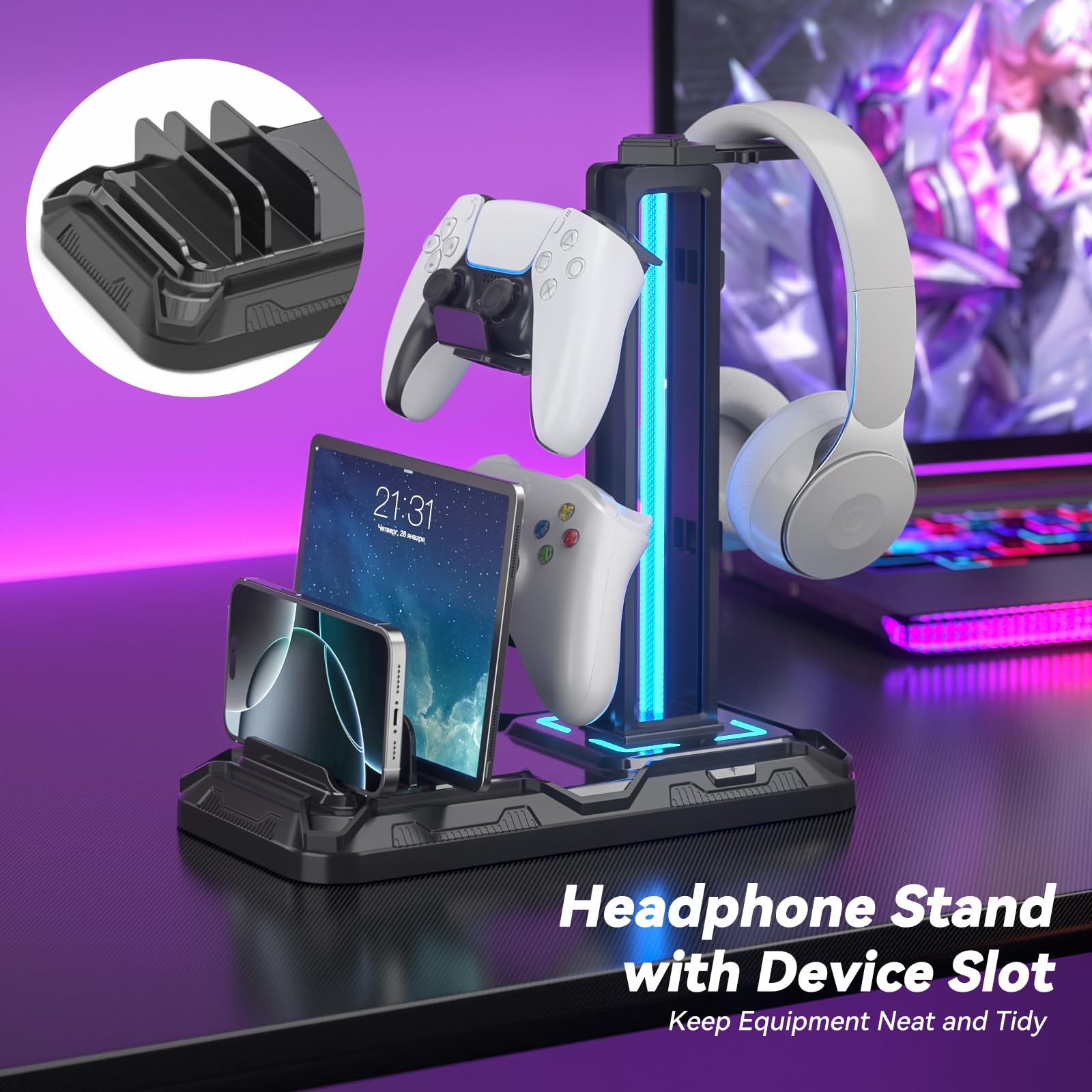 KDD Premium Headset Stand with Wireless Charging Station - Detachable Controller Holder & 9 RGB Light Modes - Rotatable Headphone Hanger with Dual USB A/C Ports - Perfect Gaming Headset Stand for PS5, Xbox & PC Setup - Ideal for Gaming Room, Office & Home Desk Organization