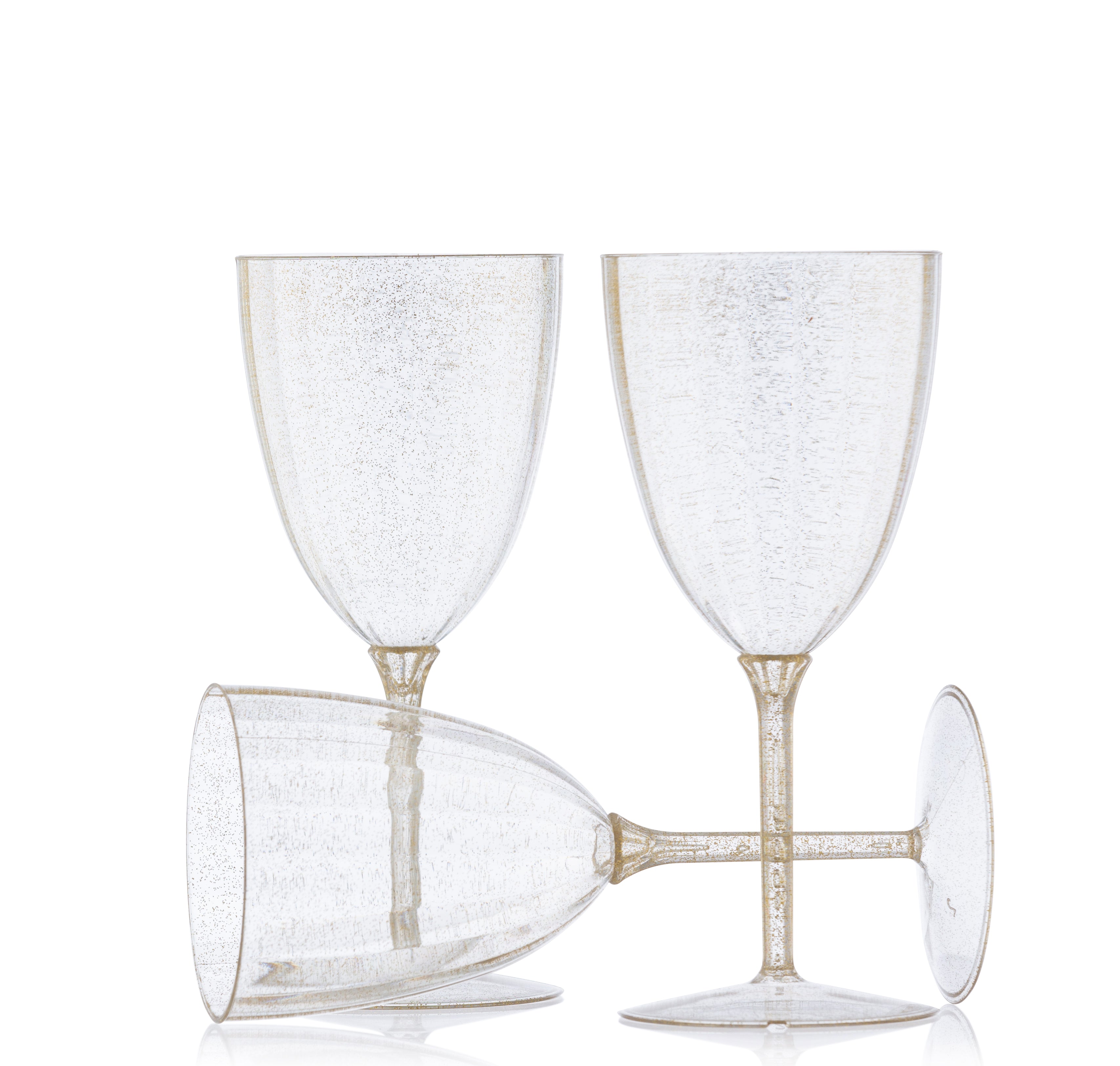 7 Oz Gold Glitter Plastic Disposable Wine Goblet - 8 Pack for Parties, Weddings, and Celebrations - Elegant Disposable Cups for Champagne, Cocktails, and Beverages