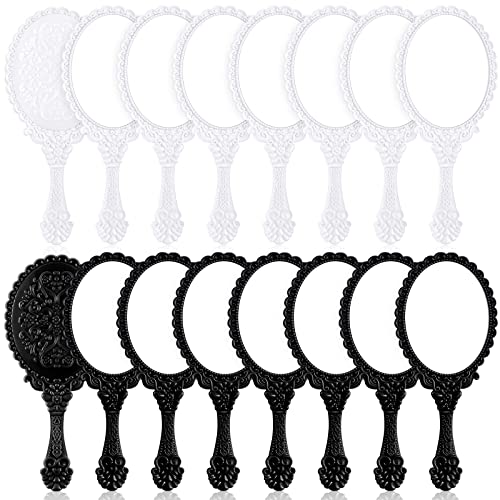 Yalikop 16-Piece Retro Handheld Mirror Set - Small Vintage Oval Hand Mirrors with Handle, Cute Decorative Compact Travel & Makeup Mirror for Women & Girls (Black & White) - Perfect for Vanity, Purse, Travel & Gift Giving