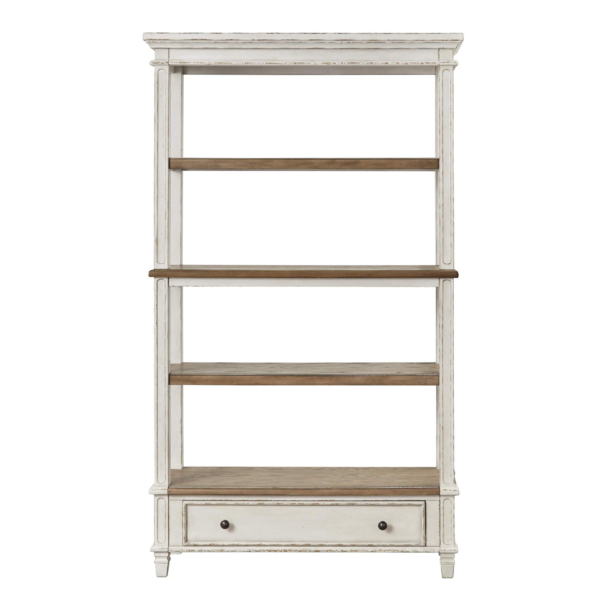 Benjara 4-Tier Wooden Bookcase with Bottom Drawer - Brown & White Storage Shelf for Living Room, Bedroom, or Home Office
