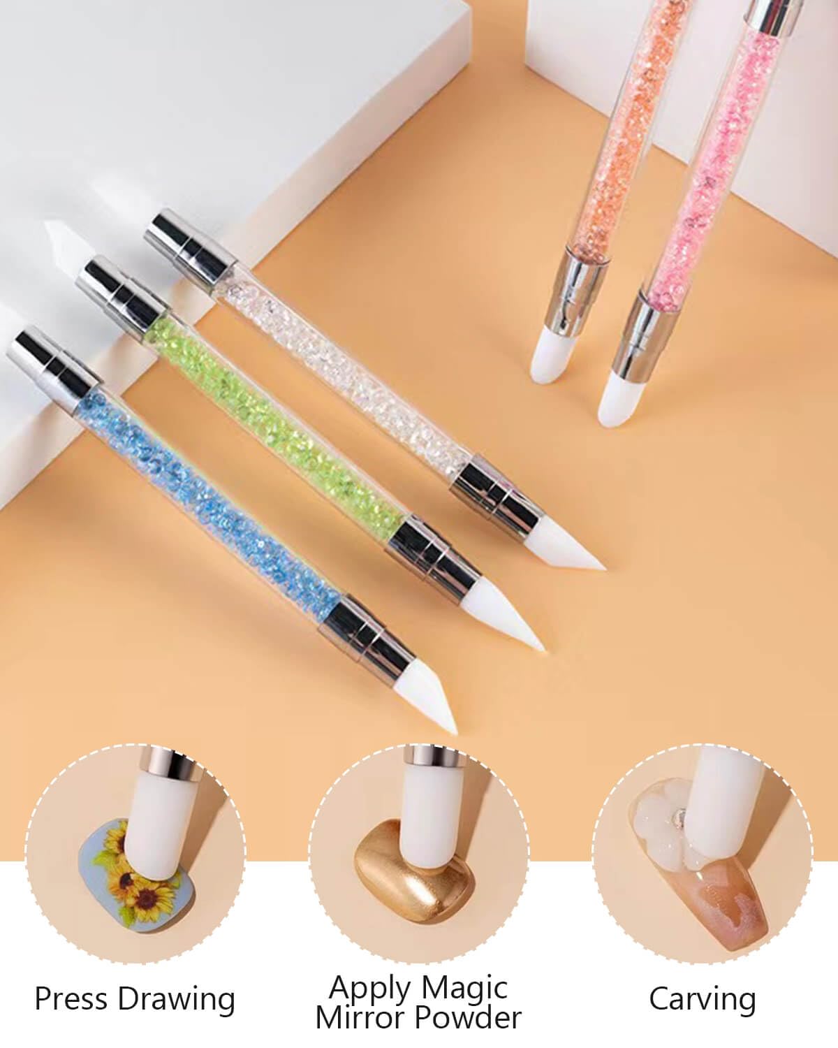 5 Pcs Dual-Tipped Silicone Nail Art Sculpture Pens - Acrylic Nail Carving Brushes for Rhinestones, Diamond Painting & Nail Polish - Perfect for DIY Home Salon & Professional Nail Art Design