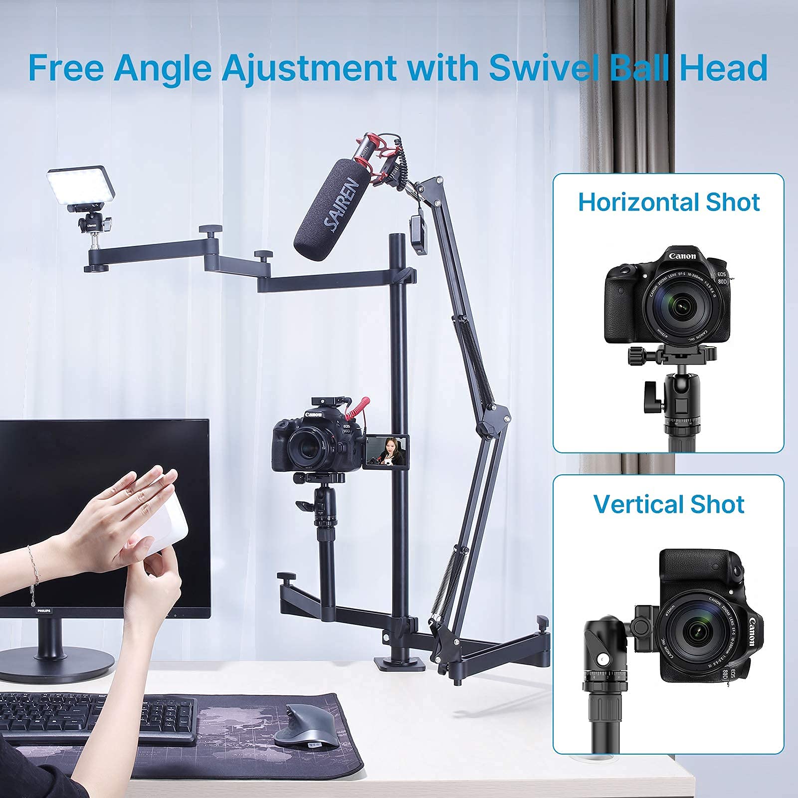 PICTRON ULANZI DSLR Desk Mount Camera Stand with Boom Arm for Live Streaming - ULANZI U200 Smartphone Video Rig & LED Ring Light Kit - Perfect for YouTube, TikTok, and Vlogging Studios
