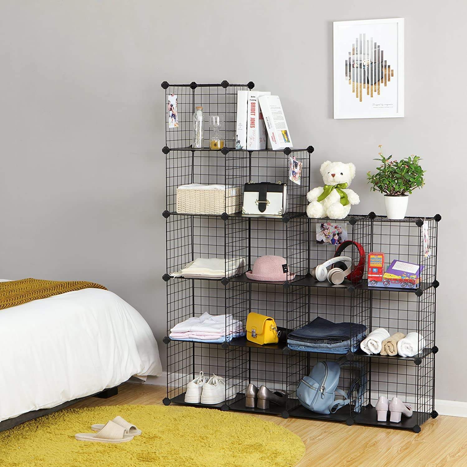 16-Cube Wire Grid Organizer - Multi-Purpose DIY Storage Shelf for Wardrobe, Books & Closet Organization | Perfect for Bedroom, Office & Home Decor