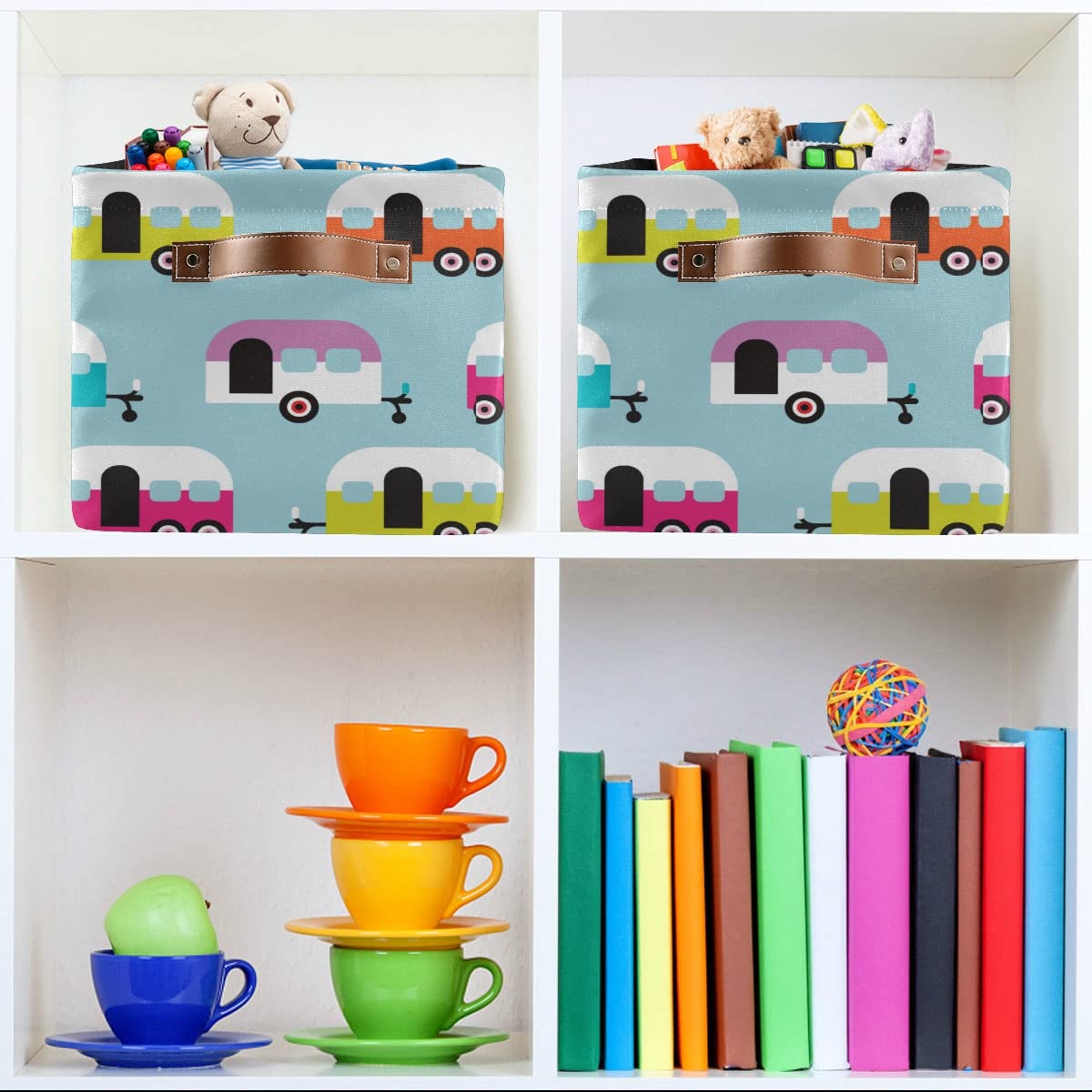 Happy Camper Caravan Square Storage Basket - 2 Pack Canvas Storage Organizer for Closet, Shelf, Home & Office - Perfect for Organizing Toys, Books, and Office Supplies