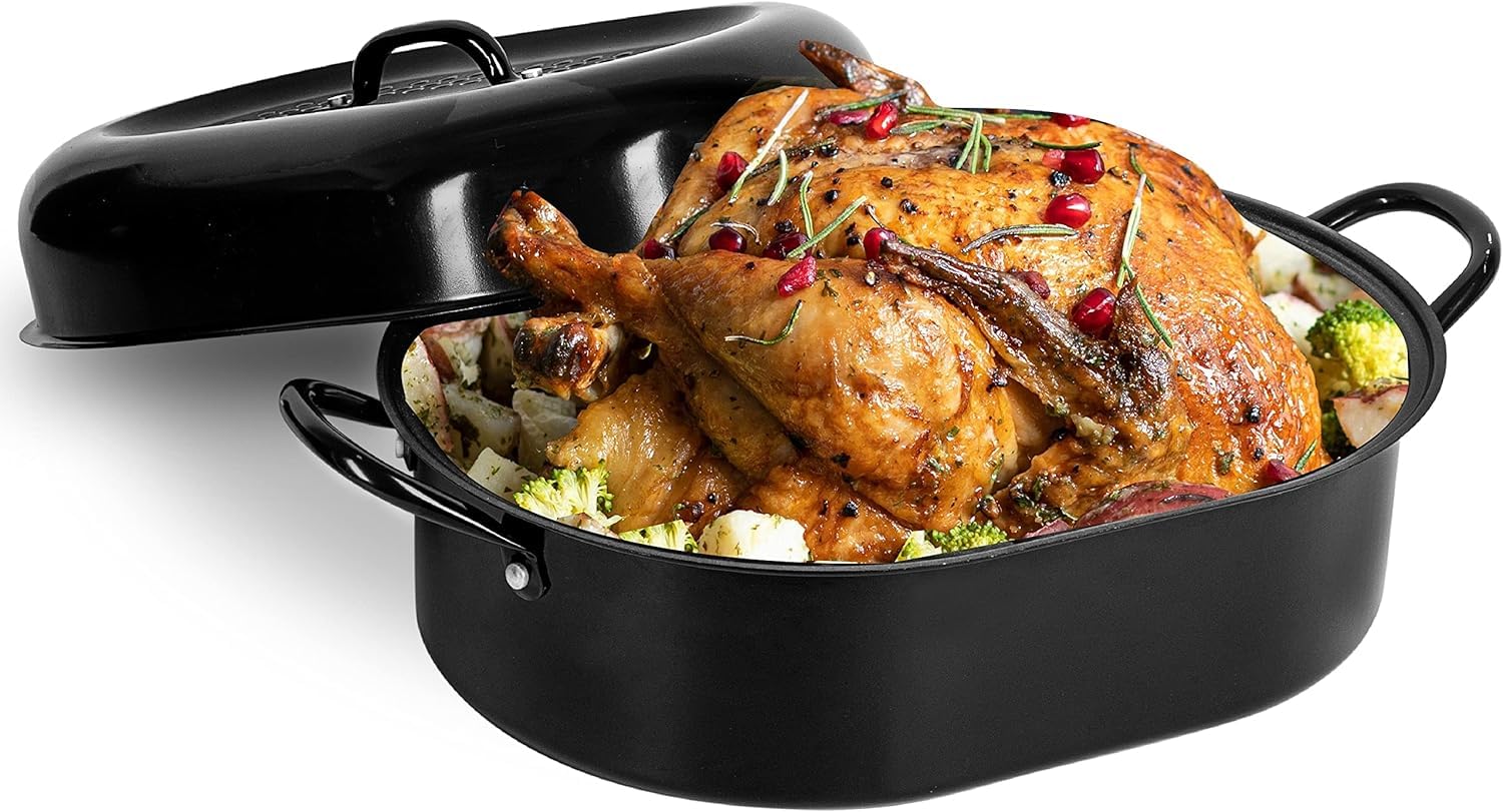 Granitestone 18.8 Inch XL Nonstick Turkey Roaster Pan with Lid - Large Oven Safe Roasting Pan with Grooved Bottom for Juicy Turkey, Chicken, Beef - Perfect for Thanksgiving, Christmas & Family Dinners - Dishwasher Safe & PFOA Free