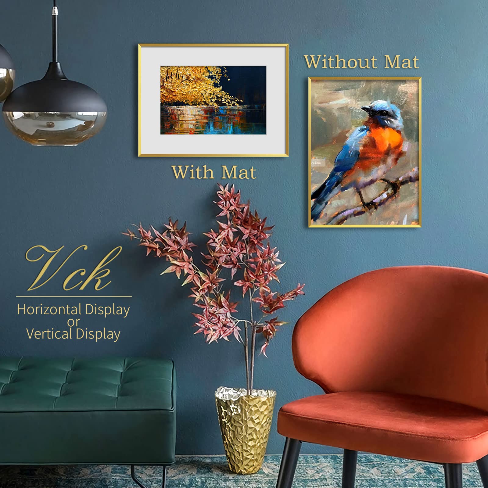 VCK 12x16 Aluminum Picture Frames Set of 3 - Gold Metal Poster Frames with Tempered Glass & Mat (Fits 8x12 or 12x16 Photos) - Elegant Wall Decor for Living Room, Bedroom & Office