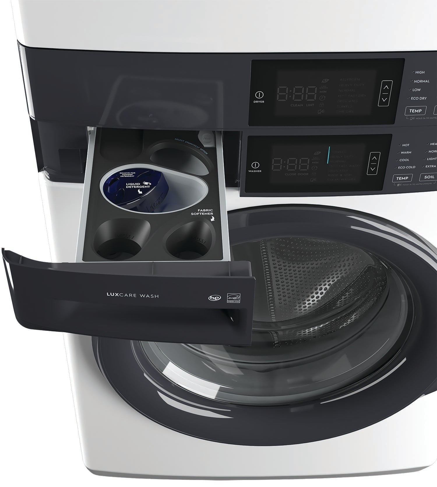Electrolux White LuxCare Laundry Tower with 5.1 cu. ft. Washer & 8 cu. ft. Electric Dryer (ELTE730CAW) - Perfect for Large Families & Heavy Laundry Loads