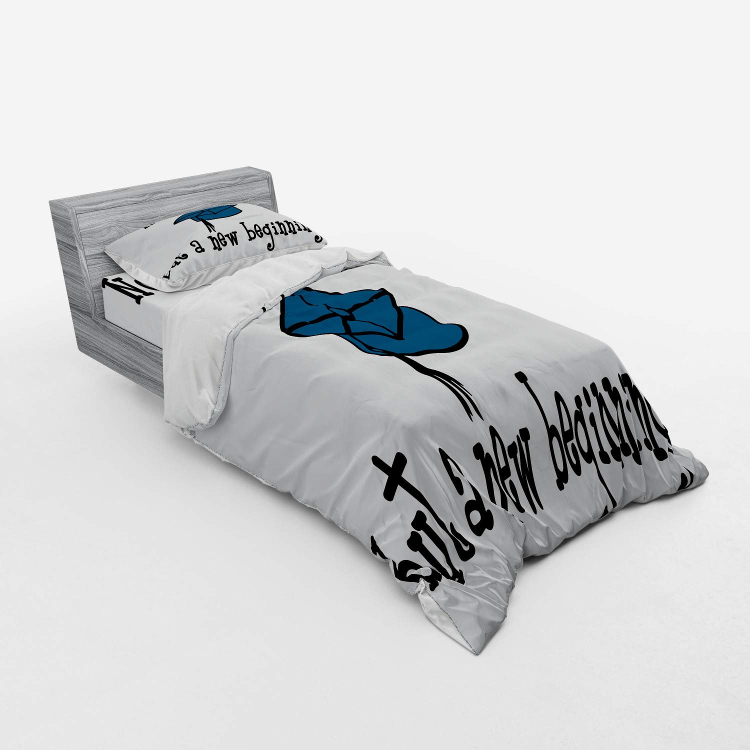 Lunarable Graduation Duvet Cover Set - 'Not End but Beginning' Inspirational Quote with Graduate Cap Design, 3-Piece Bedding Set Includes Sham & Fitted Sheet, Twin XL Size (Black/Blue/White) - Perfect for College Dorm Rooms, Graduation Gifts & Student Bedroom Decor