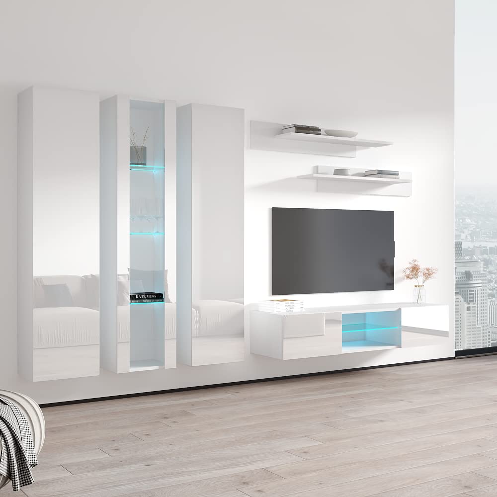 Modern Floating TV Stand with Storage & LED Lights - Wall-Mounted Entertainment Center for Bedroom & Living Room - White Meble Furniture Fly C4 33