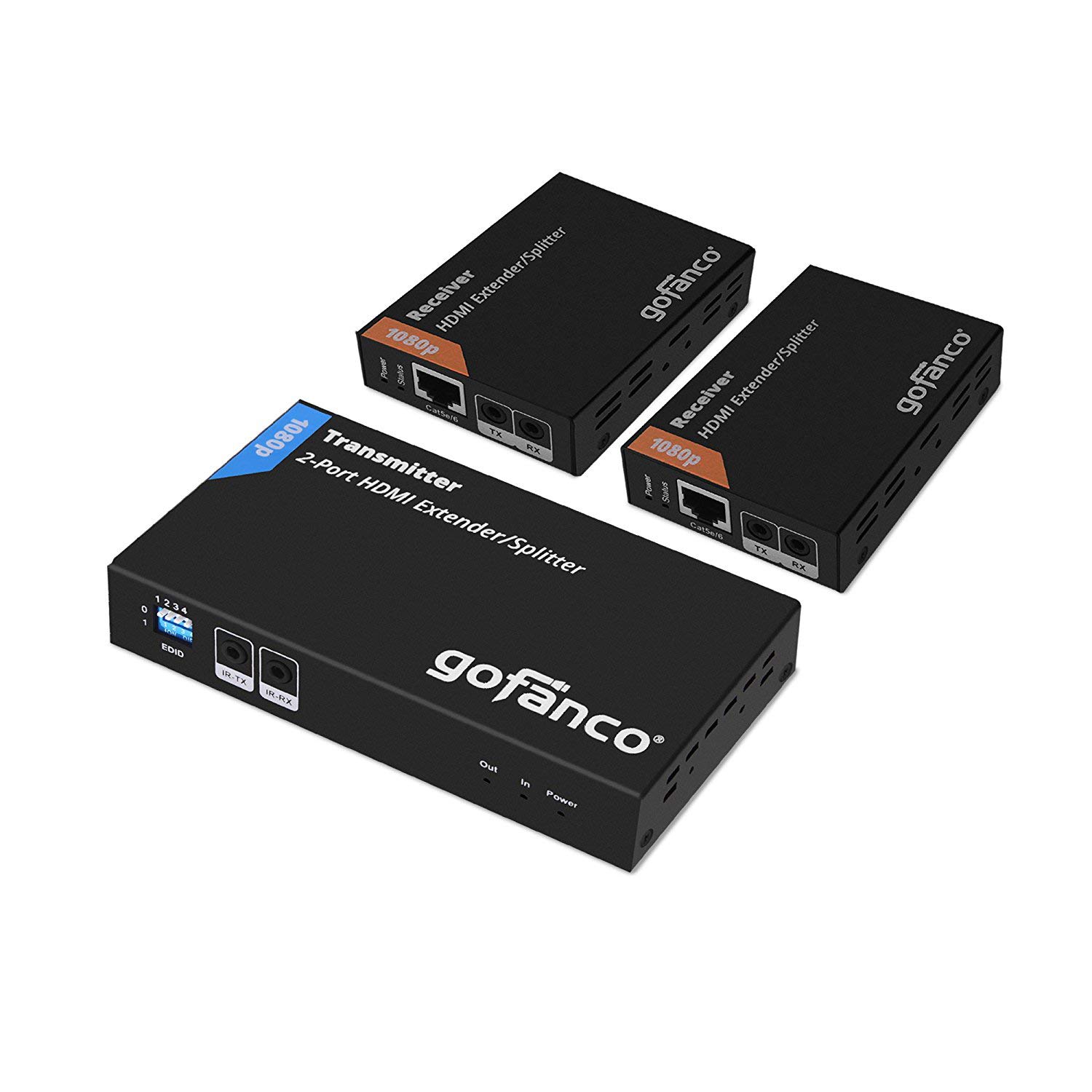 gofanco Prophecy 1x2 HDMI Extender Splitter - 1080p Full HD Over Cat5e/Cat6/Cat7 Ethernet, 50m/165ft Range, EDID Management, Bi-Directional IR Remote (1 in 2 Out) - Perfect for Home Theater, Conference Rooms & Gaming Setups