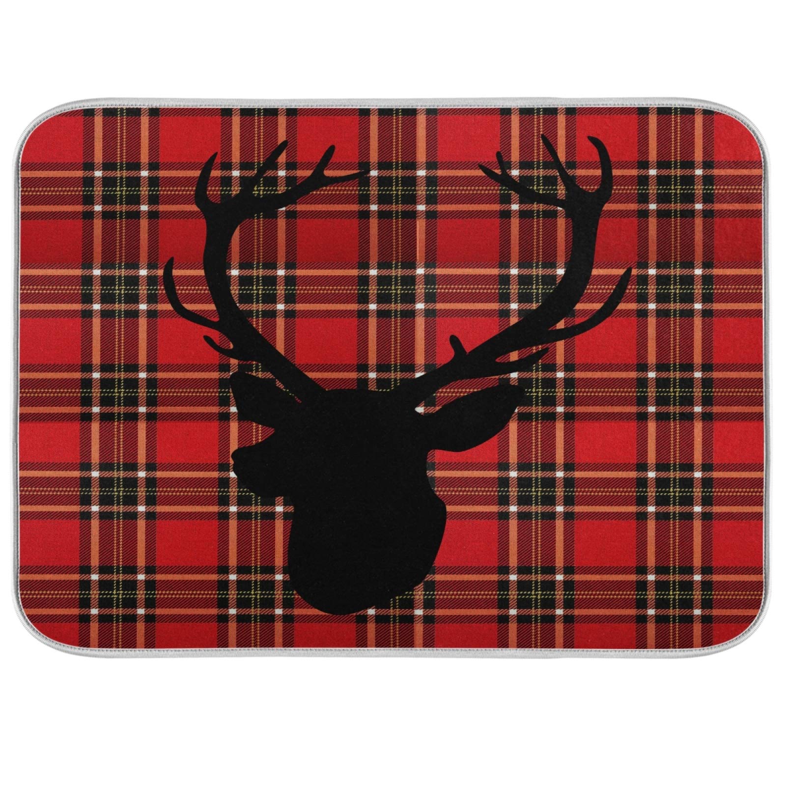 Deer Head Silhouette Kitchen Drying Mat 18x24 Inch - Absorbent Fast Drying Counter Mat with Red Plaid Design - Perfect for Dishes, Utensils & Counter Protection