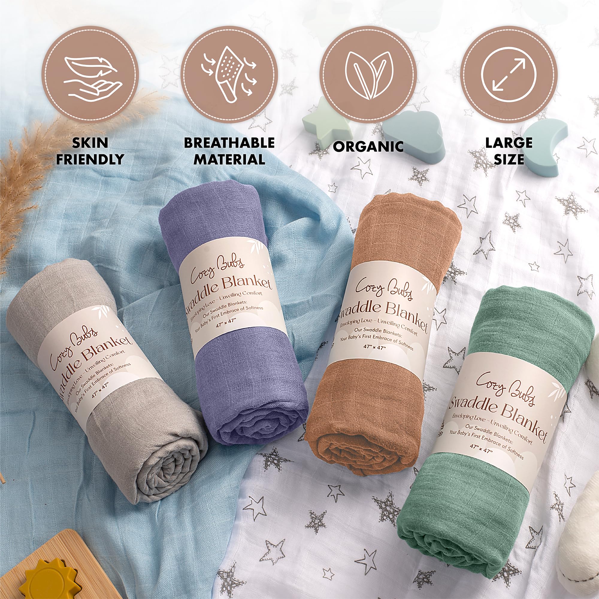 CozyBubs 4-Pack Organic Muslin Swaddle Blankets for Newborns - Soft Baby Swaddle Wraps for Boys & Girls - Breathable & Lightweight for Nursery, Stroller & Travel