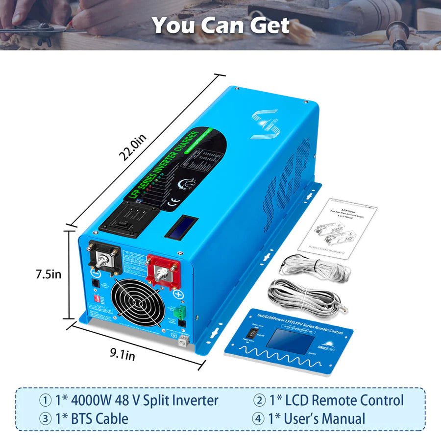 SunGoldPower 4000W 48V Pure Sine Wave Inverter with Charger | Split Phase | UL1741 Certified | Perfect for Off-Grid Solar Systems, RVs & Home Backup Power