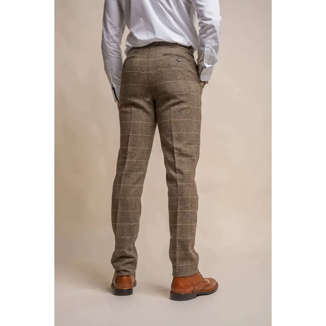 Cavani Albert Men's Brown Tweed Check Trousers - Classic Vintage Style Dress Pants for Office, Wedding & Formal Occasions