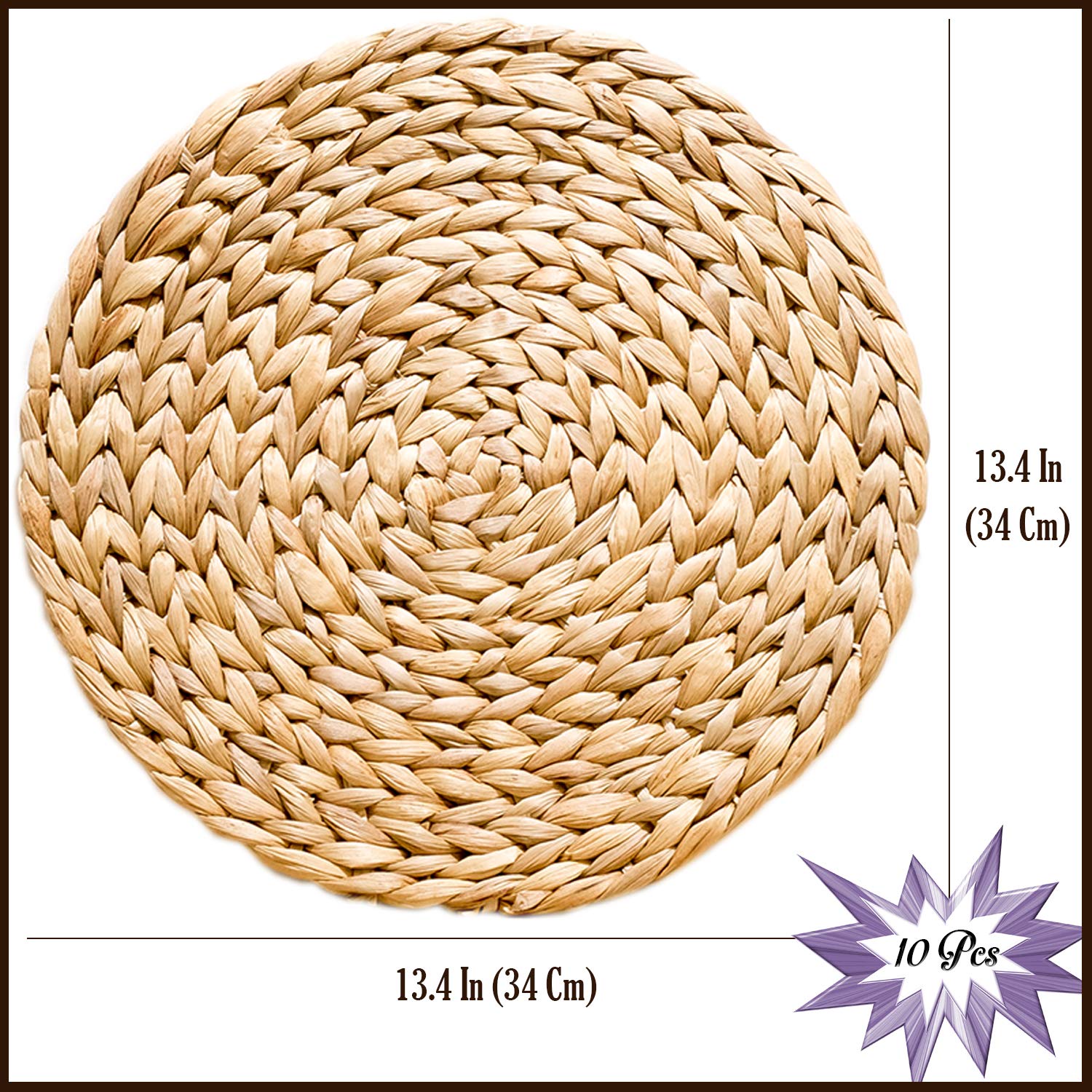 Boho Round Woven Placemats Set of 10 - 13.4 Inch Natural Water Hyacinth Wicker Straw Placemats for Dining Table - Perfect for Boho, Farmhouse & Coastal Home Decor, Indoor and Outdoor Use