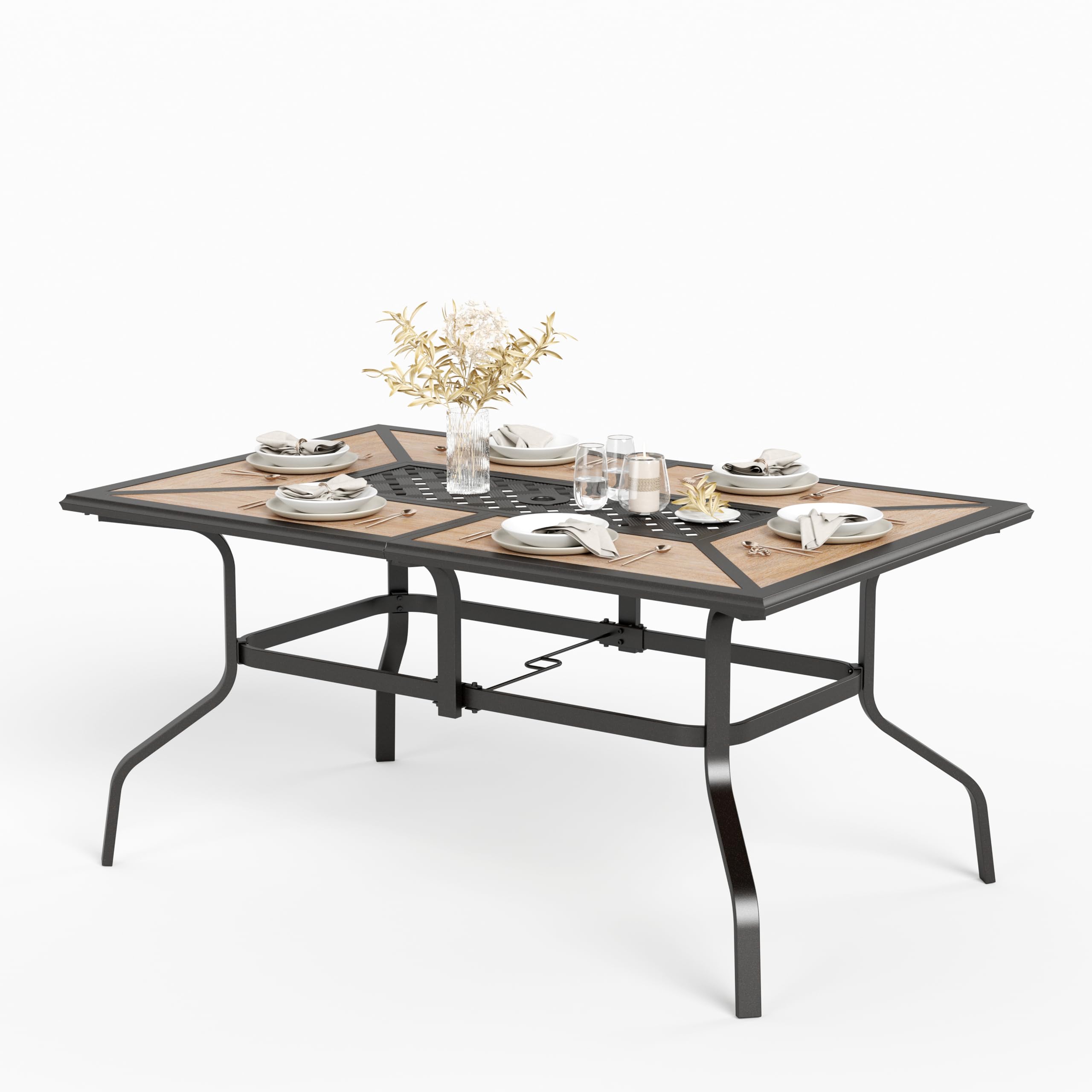 HERA'S HOUSE 6-Person Outdoor Patio Dining Table with Umbrella Hole, Rectangle Metal Garden Table for Lawn Backyard - Perfect for Family BBQs, Poolside Gatherings & Garden Parties