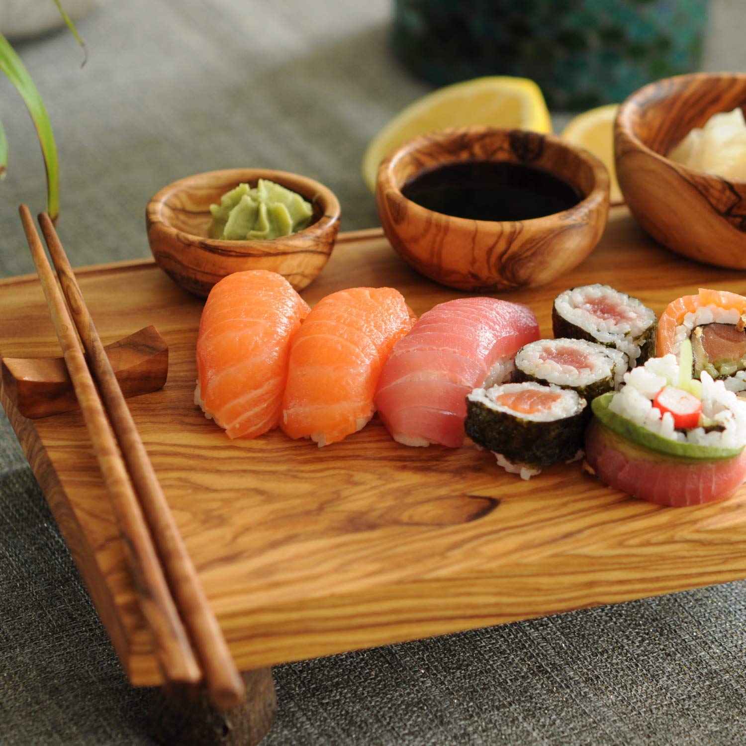 Premium Olive Wood Sushi Serving Set - 3 Nested Bowls, 11
