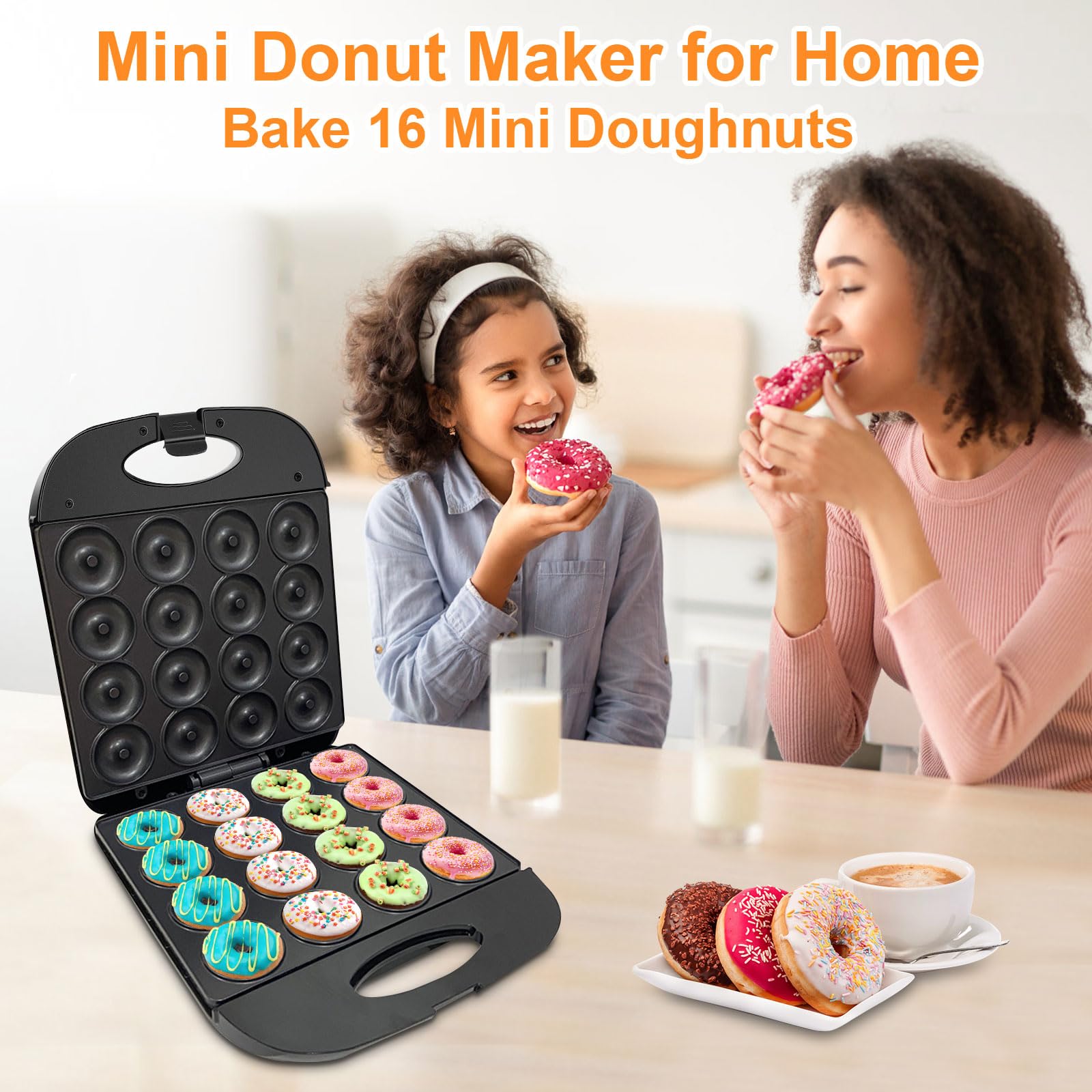 2025 Mini Donut Maker Machine - 16-Hole Electric Donut & Pancake Maker for Home Use, Non-Stick Surface, Kid-Friendly Design with Mini Oven Gloves & Brush (Black) - Perfect for Breakfast, Snacks, Birthday Parties & Family Baking Activities