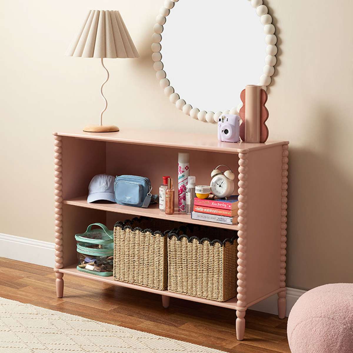 Betti Bobbin Low Bookcase - Pink Wooden Bookshelf for Kids Room, Nursery, or Living Room | Stylish Storage Solution for Books, Toys, and Decor