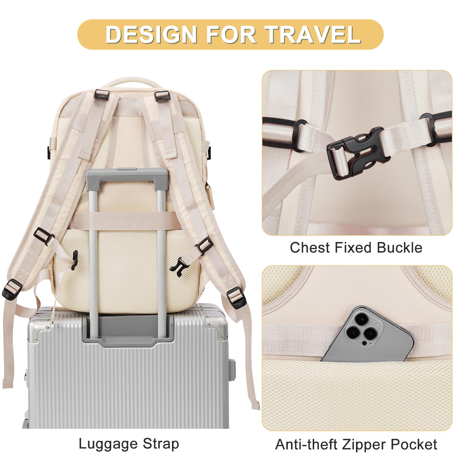 Expandable Casual Travel Backpack - Lightweight A-Beige Daypack for Hiking, Commuting & College | Water-Resistant & Spacious