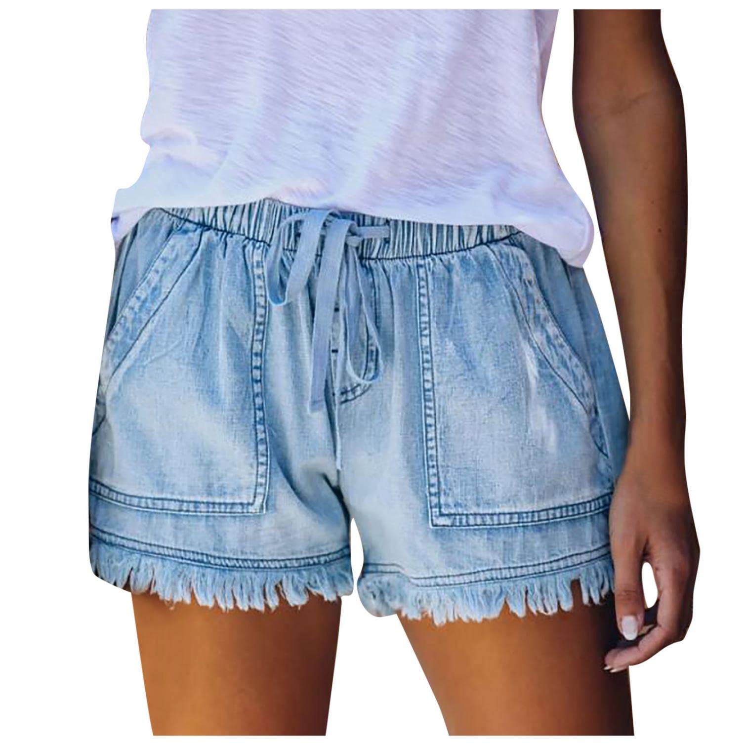 Women's High Waist Ripped Denim Shorts with Elastic Waist & Drawstring - Comfortable Casual Summer Shorts with Pockets for Outdoor Activities, Beach, and Travel