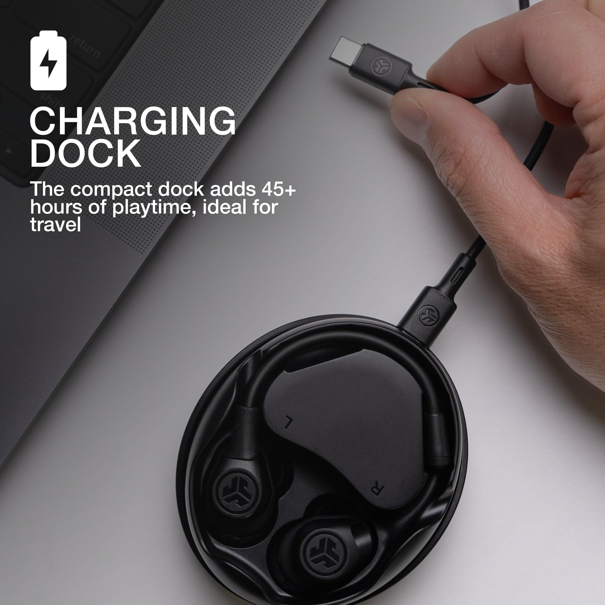 JLab Work Buds - True Wireless Earbuds with Detachable Noise-Canceling Boom Mic (Black) | 55+ Hours Playtime, Bluetooth Multipoint, USB-C Charging Dock | Perfect for Remote Work, Video Calls & Office Use