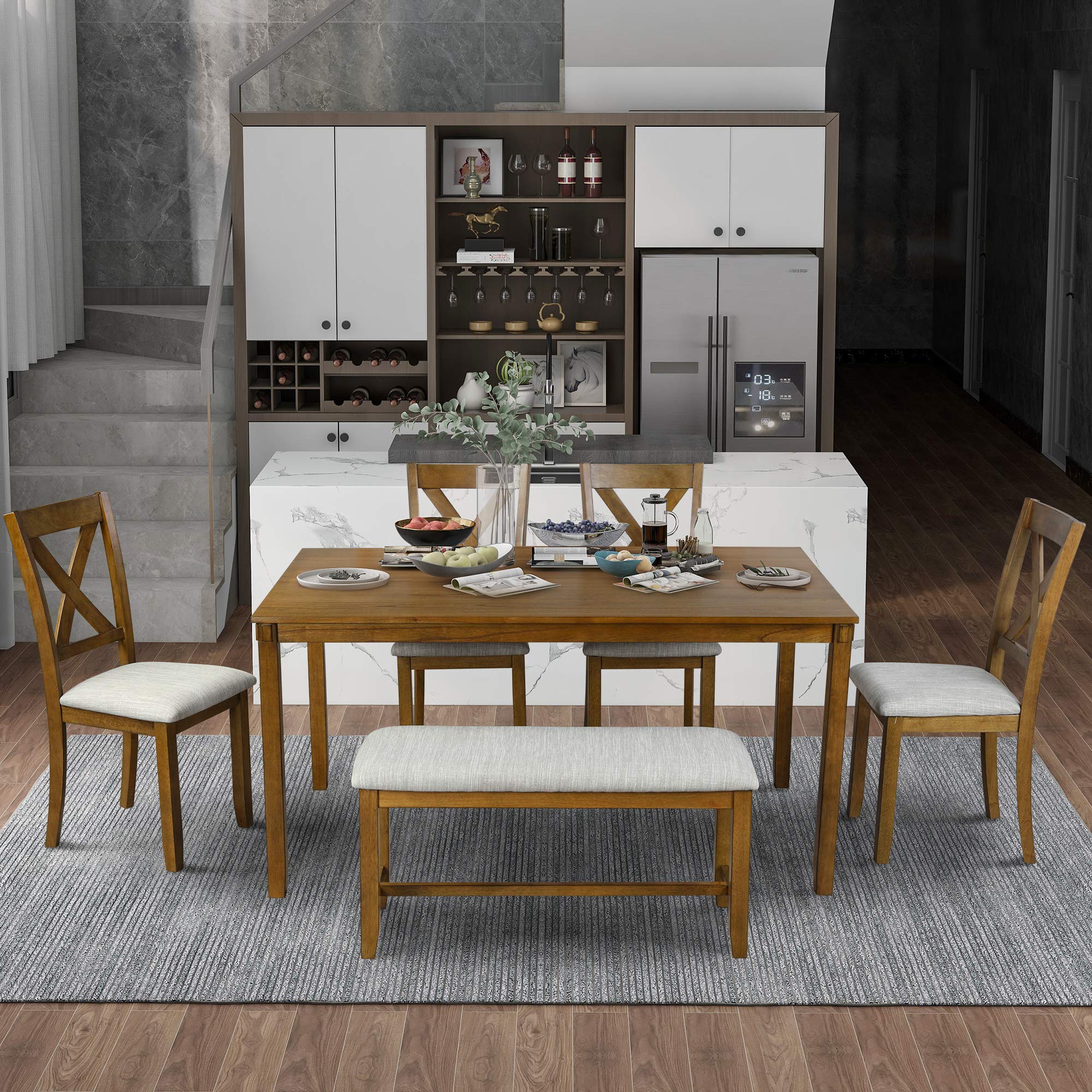 6-Piece Wooden Dining Table Set with Bench & 4 Chairs - Light Brown Kitchen Table for Family of 6 | Perfect for Dining Room, Kitchen, Breakfast Nook & Small Space Gatherings