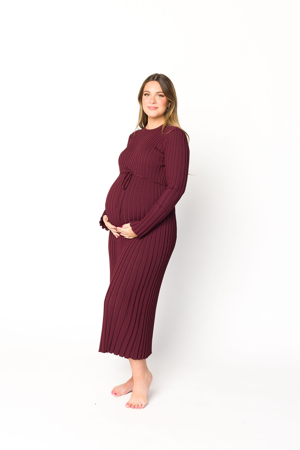 Colette Premium Long Sleeved Ribbed Knit Maxi Dress in Burgundy - Bump Friendly Maternity Dress for Pregnancy, Nursing & Postpartum - Perfect for Casual Wear, Office & Special Occasions