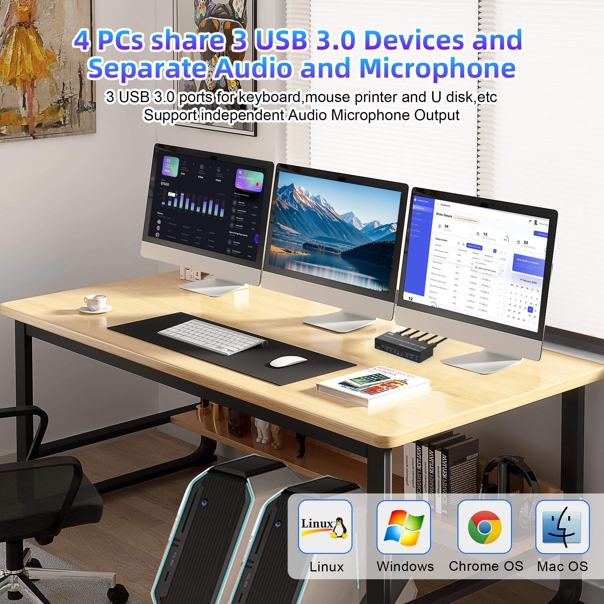 8K@60Hz DisplayPort 1.4 + HDMI 2.1 KVM Switch for 4 Computers & 3 Monitors - USB 3.0 Hub with Audio/Microphone Ports - Triple Monitor Keyboard Mouse Switcher for Gaming, Office & Multi-Tasking Workstations