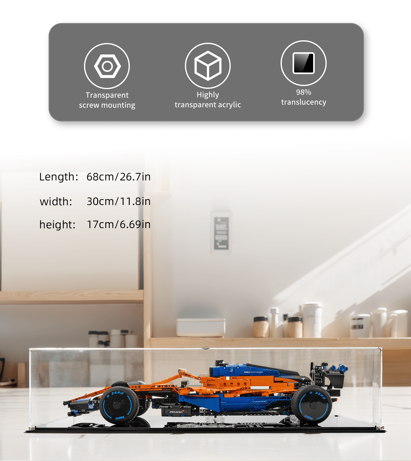 LEGO McLaren Formula 1 Race Car 42141 Display Case - Premium Acrylic Showcase for Collectible Model Cars - Perfect for Home Office Decor & Toy Car Collection Protection