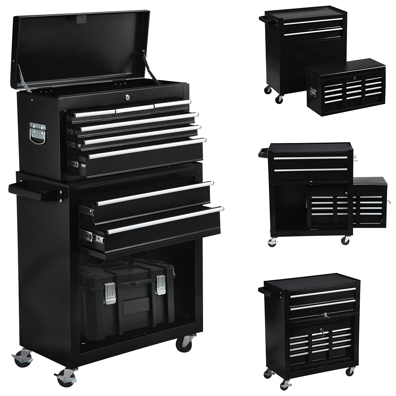 8-Drawer Rolling Tool Chest with Wheels & Lock - Large Detachable Metal Tool Storage Cabinet with Drawers for Garage, Workshop & Warehouse Organization (Black) - Perfect for Mechanics, DIY Projects & Professional Tool Storage
