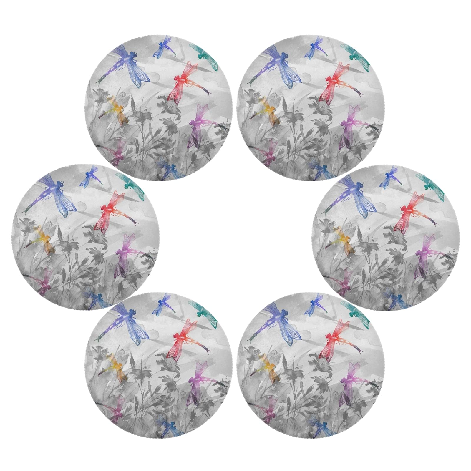 Premium Round Placemats Set of 6 - Washable Polyester Table Mats with Elegant Ink Flower & Dragonfly Design - Perfect for Dining Tables, Kitchen Decor, and Special Occasions