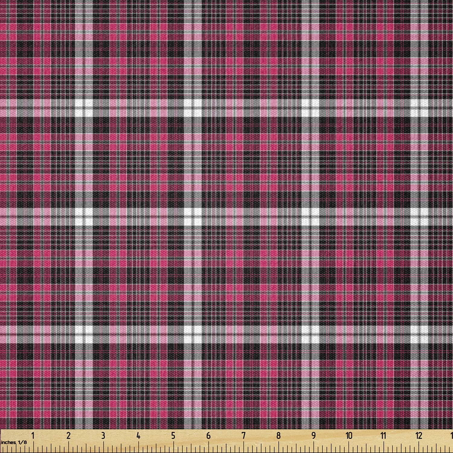 Ambesonne Checkered Fabric by The Yard - Symmetrical Geometric Tartan Design Stretch Knit Fabric for Clothing, Sewing & Crafts (10 Yards, Pink Black White) - Perfect for DIY Fashion, Home Decor & Creative Projects