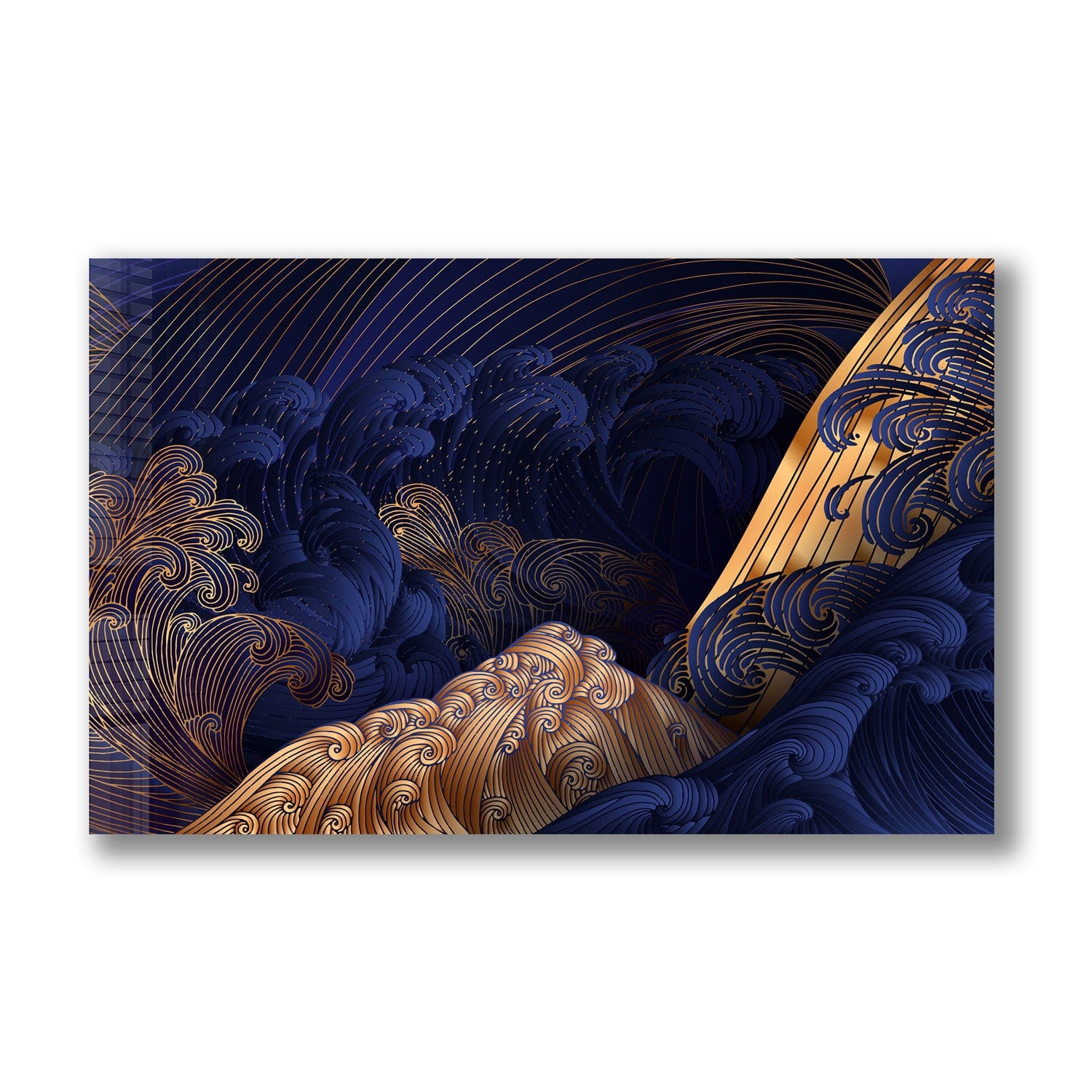 Golden Blue Waves Tempered Glass Wall Art - Modern Ocean Themed Decor for Living Room, Bedroom & Office - Shatterproof & Stylish Home Accent
