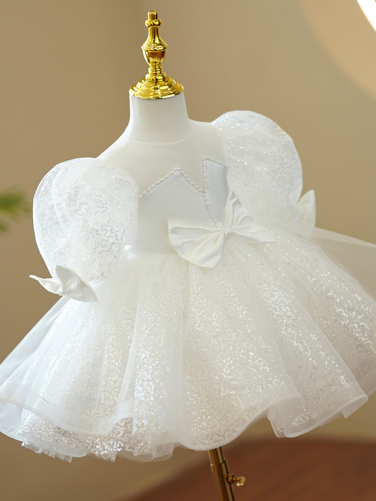 Baptism Dresses for Baby Girl - White Cute Bow Knot Sequin Christening Gowns | Toddler Ball Gowns for Birthday Party & Special Occasions | Perfect for Baptism, First Communion, and Formal Events