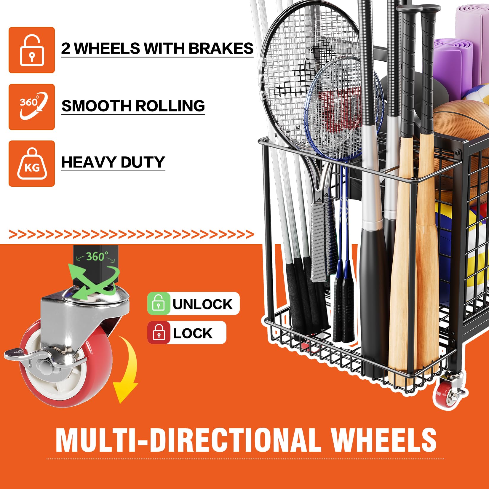 Heavy Duty Garage Storage Rack for Sports Equipment - Rolling Ball Organizer with Wheels, Hooks & Baskets - Golf Bag Stand, Basketball & Football Holder - Perfect for Indoor/Outdoor Use in Garages, Basements & Playrooms