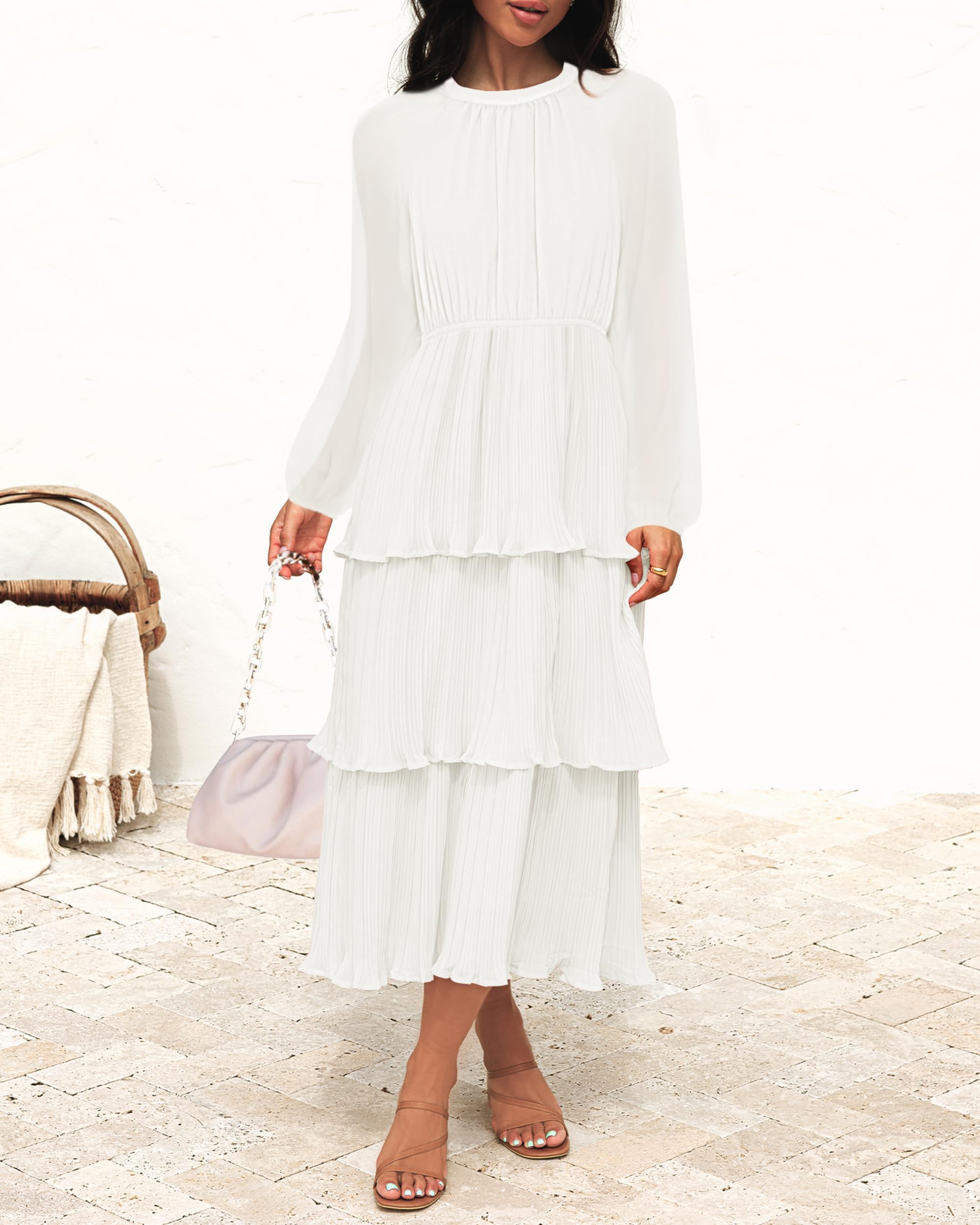 ZESICA Women's 2025 Long Sleeve Chiffon Dress with Ruffle & Tiered Layers - Elegant Crew Neck Swing Midi Dress for Casual Wear, Date Night & Special Occasions