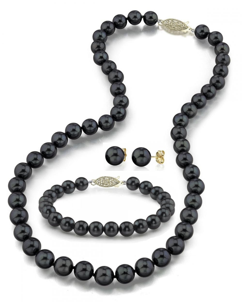 14K Gold Black Akoya Pearl Jewelry Set for Women - Necklace, Bracelet & Earrings - Perfect for Weddings & Parties