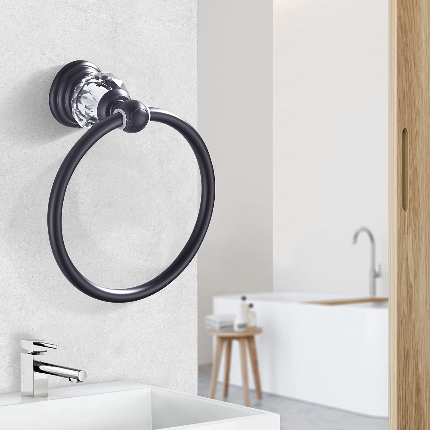 WINCASE Matte Black Crystal Towel Ring - Wall Mounted Bathroom Hand Towel Holder & Round Towel Hanger Rack for Modern Home Decor | Perfect for Guest Bathrooms, Powder Rooms & Spa-Style Showers