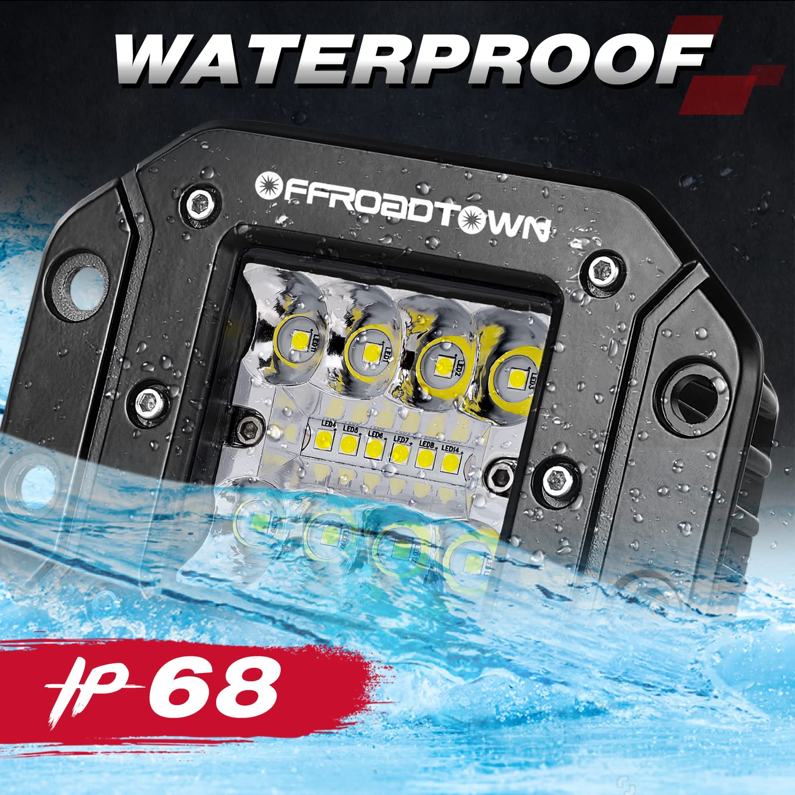 OFFROADTOWN 6 Gang Switch Panel with Flush Mount LED Pods - Universal Waterproof Rocker Switch Panel for Trucks, Jeeps, ATVs & Boats - Perfect for Off-Roading, Camping & Marine Applications
