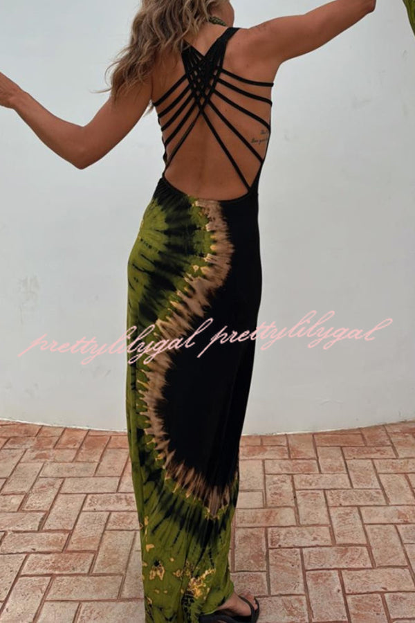 Stylish Summer Tie-Dye Print Back Lace-Up Stretch Maxi Dress for Women - Perfect for Beach Vacations, Music Festivals & Boho Chic Outfits