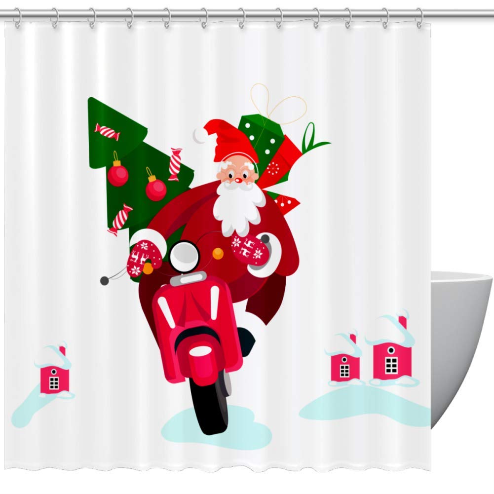 Josid Christmas Shower Curtain - Santa Claus Riding Motorcycle Waterproof Polyester Bathroom Decor (66x72 inches) with 12 Hooks - Holiday Home Decor for Festive Bathroom & Christmas Party Setup
