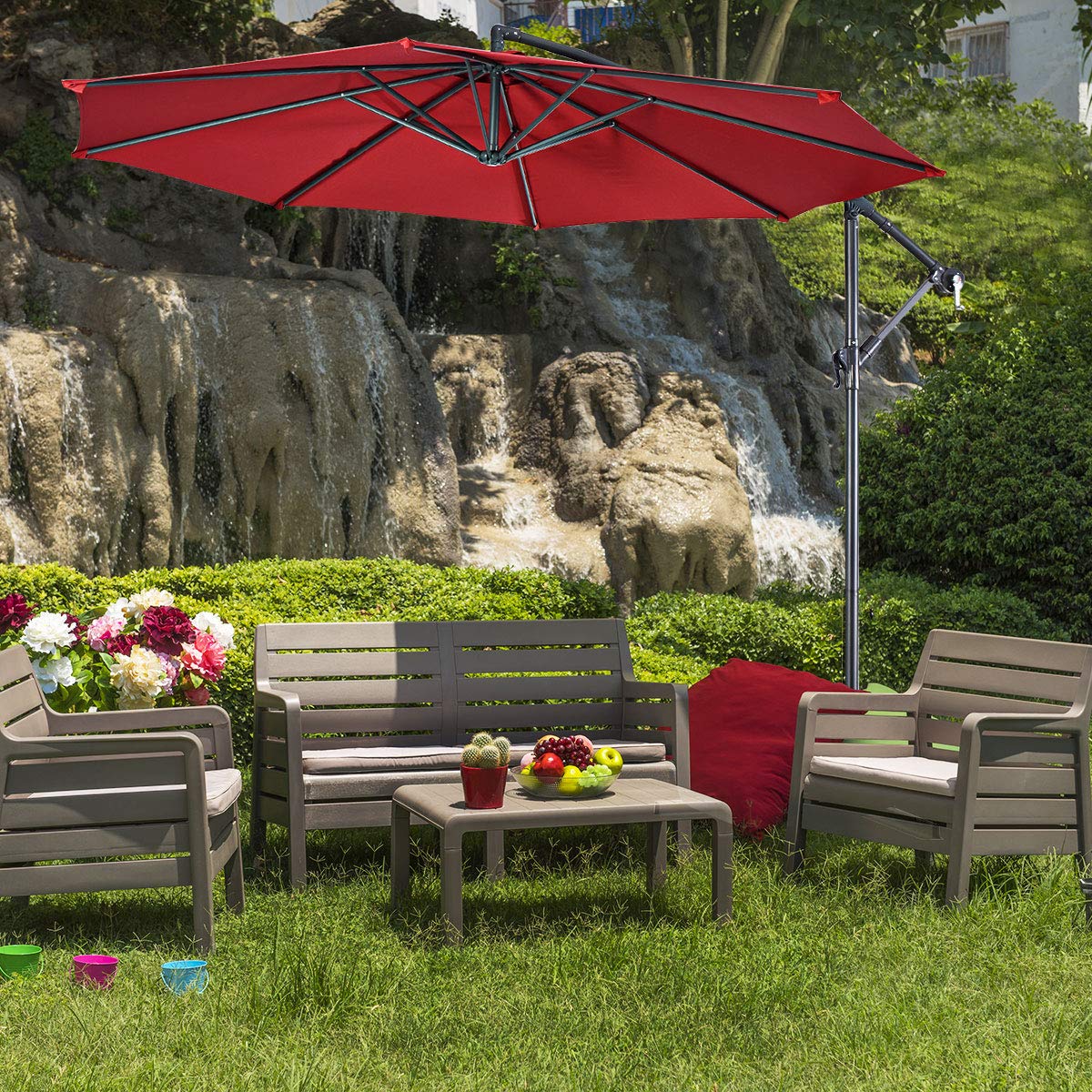 HAPPYGRILL 10ft Outdoor Patio Umbrella with Crank - Sun Shade Offset Market Umbrella for Deck, Poolside, Garden & Backyard