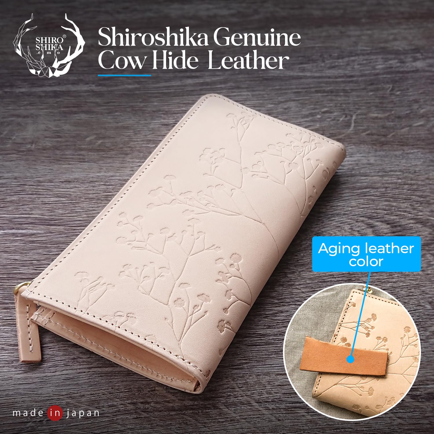 SHIROSHIKA SSA04 Genuine Tochigi Leather Women's Slim Bifold Wallet with L-Shaped Zipper - Elegant Floral Pattern in Pink & Beige | Made in Japan | Perfect for Everyday Use, Travel & Gift Giving