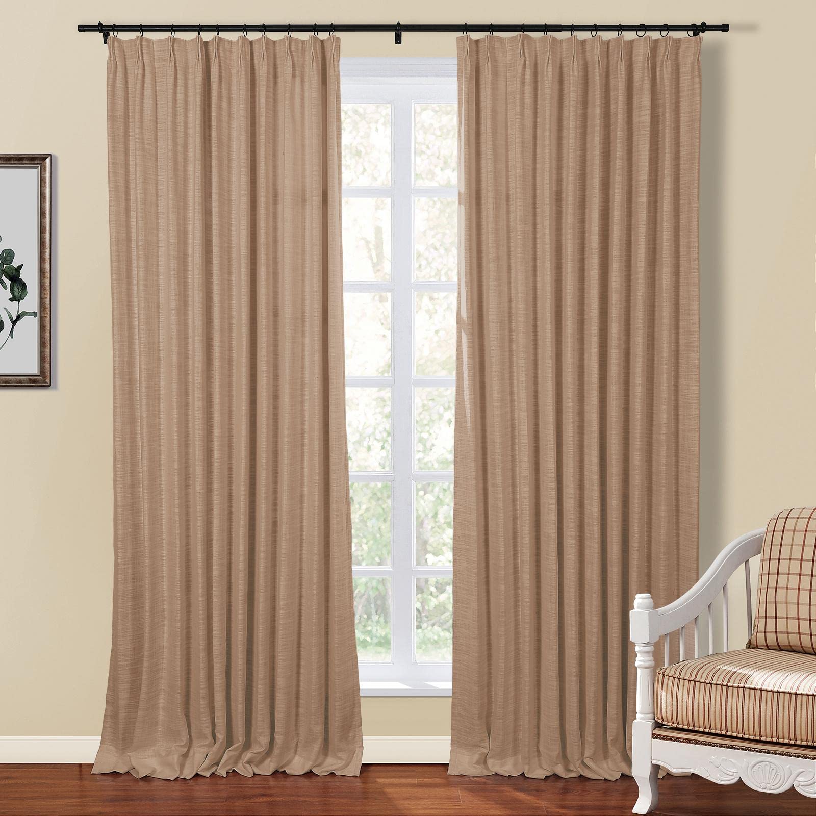 TWOPAGES Linen Blend Pinch Pleated Blackout Curtains - 2 Panels 26x108 Inches, Light Filtering Thermal Insulated Drapes for Living Room & Bedroom, Walnut Brown Window Treatment for Home & Apartment Decor
