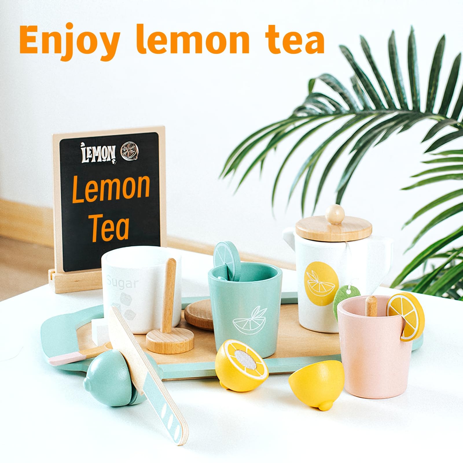 Wooden Tea Party Set for Kids - Pretend Play Toy Tea Set for Toddlers & Little Girls, Wooden Play Food & Kitchen Accessories (Lemon Tea) - Perfect for Birthday Gifts, Pretend Playtime & Early Learning Activities