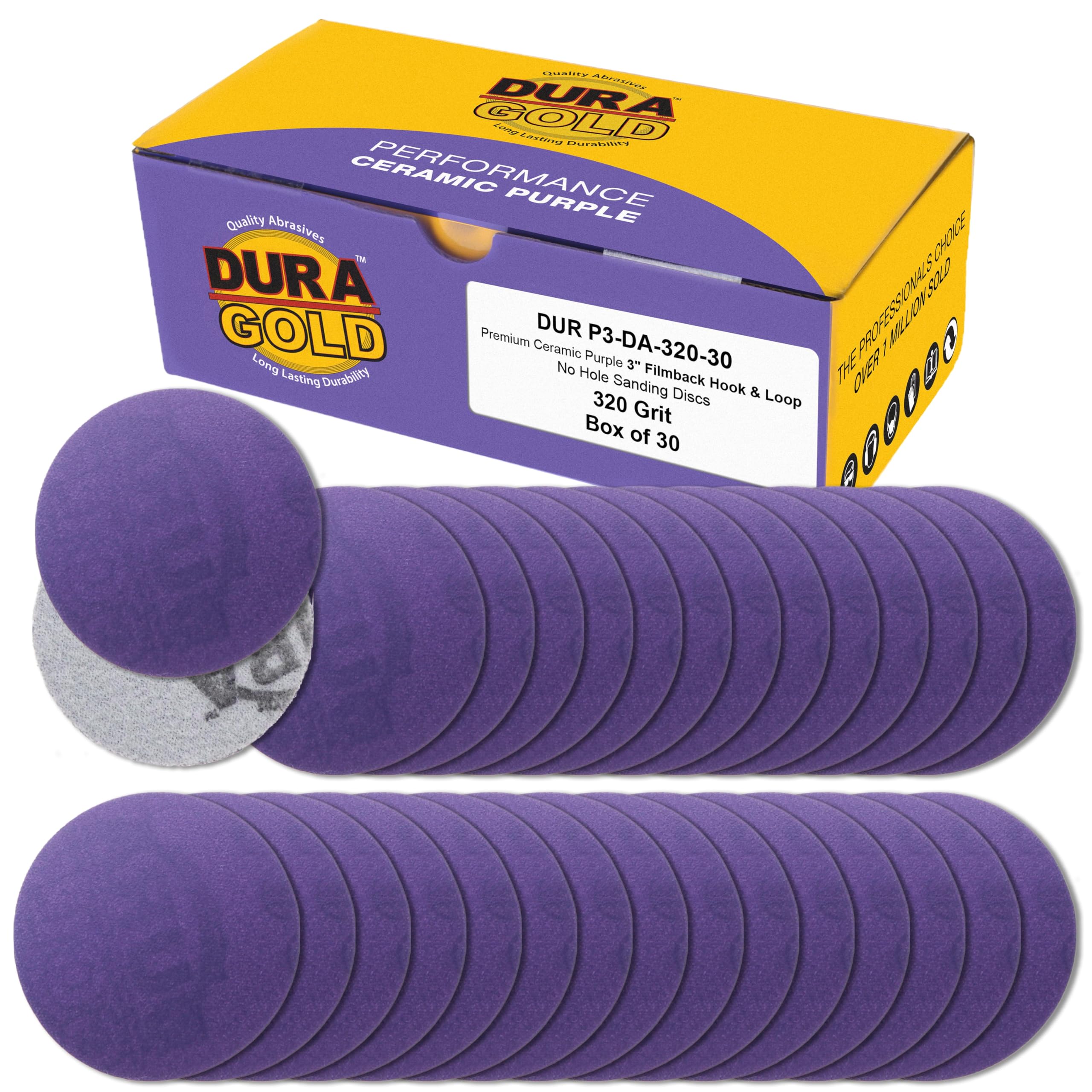 Dura-Gold Premium 320 Grit 3 Inch Purple Film Ceramic Sanding Discs - 30 Pack Hook & Loop Backing for DA Sander, Drill, Grinder, Rotary Tool - Perfect for Auto Body Paint, Metal, Wood Sanding & Woodworking Projects - Ideal for DIY, Automotive Repair & Furniture Refinishing