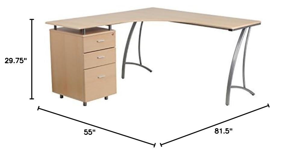 EMMA + OLIVER Beech Laminate L-Shaped Office Desk with 3 Drawers - Modern Computer Workstation for Home Office, Study & Gaming Setup