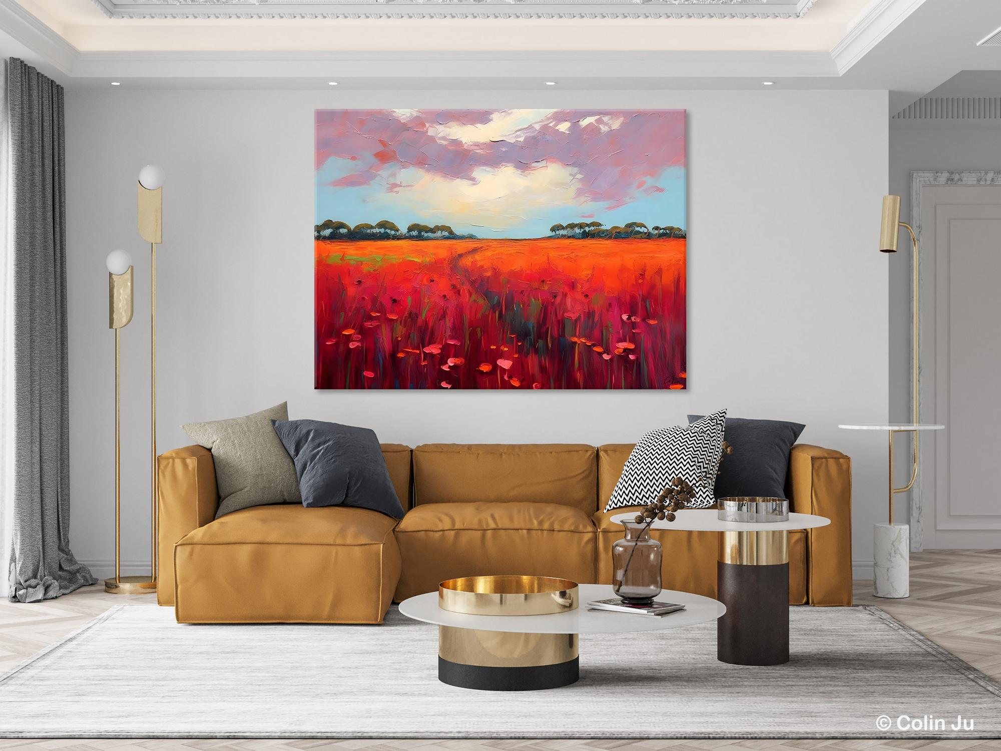 Abstract Acrylic Landscape Canvas Painting - Red Poppy Flower Field Wall Art for Living Room Decor | Modern Home & Office Wall Decor