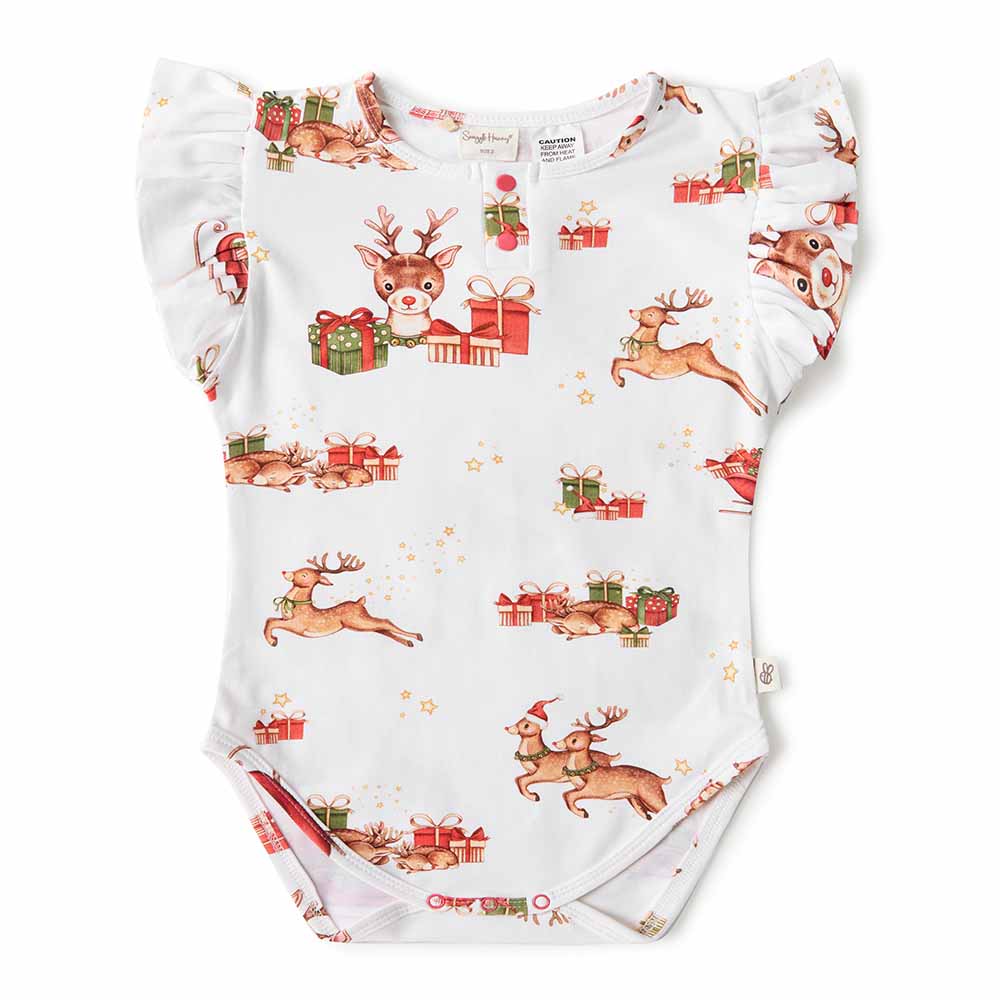 Snuggle Hunny Organic Cotton Short Sleeve Frill Bodysuit with Reindeer Print - Soft Baby Onesie for Christmas & Winter Outfits